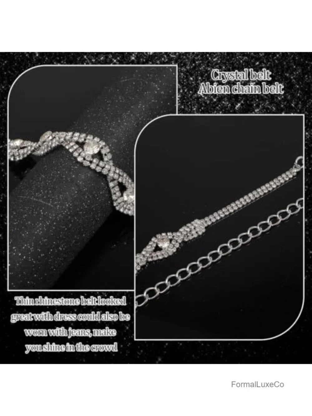 Women's Rhinestone Chain Belt, Sparkly Crystal Waist Belt for Dresses, Wedding,